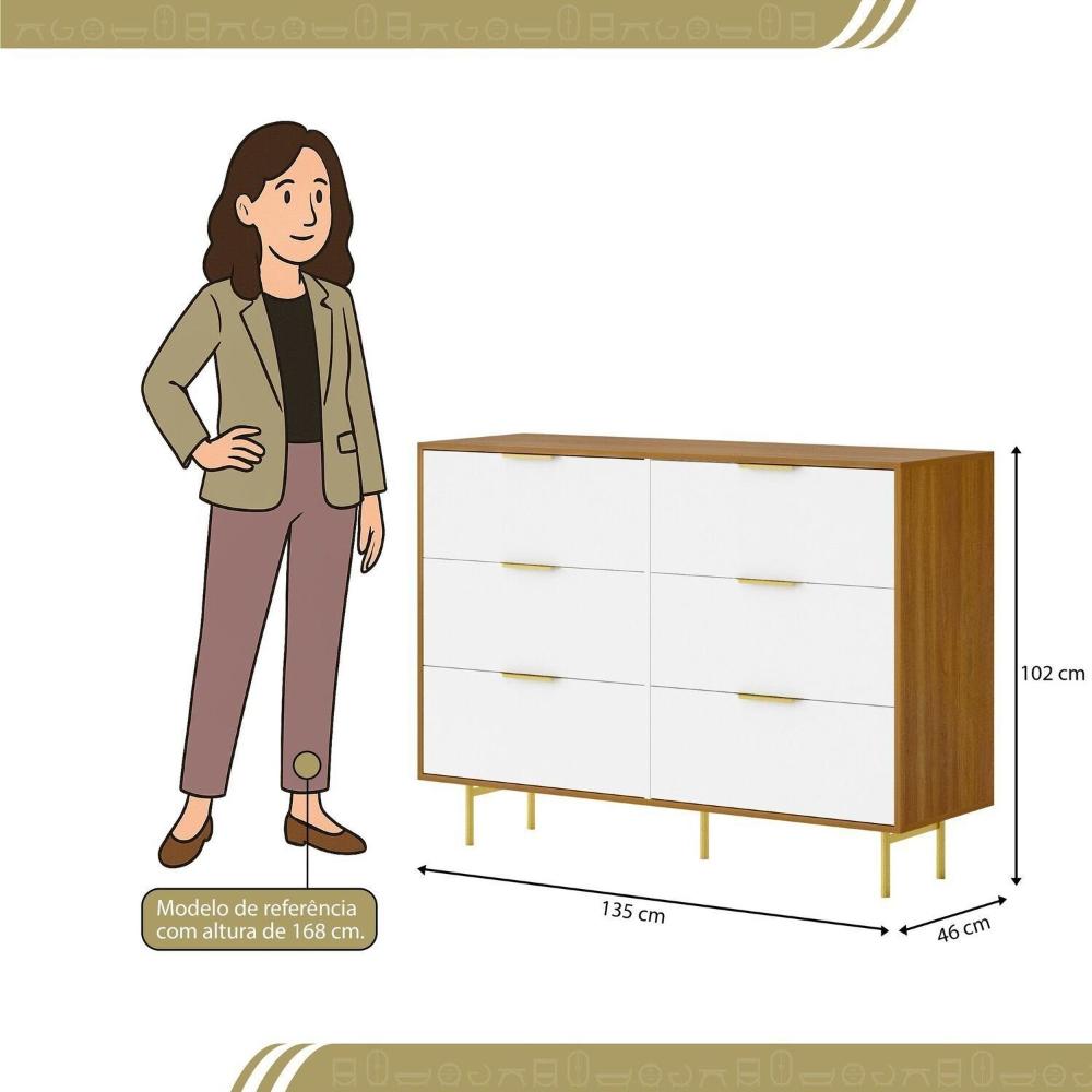 Cômoda para Quarto com 6 Gavetas 135cm X 102cm Safira Freijó/Branco
