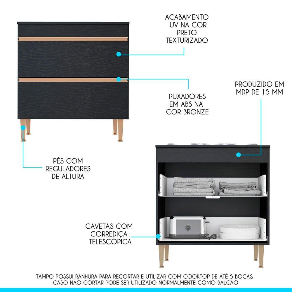 Miniatura Balcão Cooktop Cozinha Sabrina 2 Gaveta 80cm Mdp Menu Móveis Preto