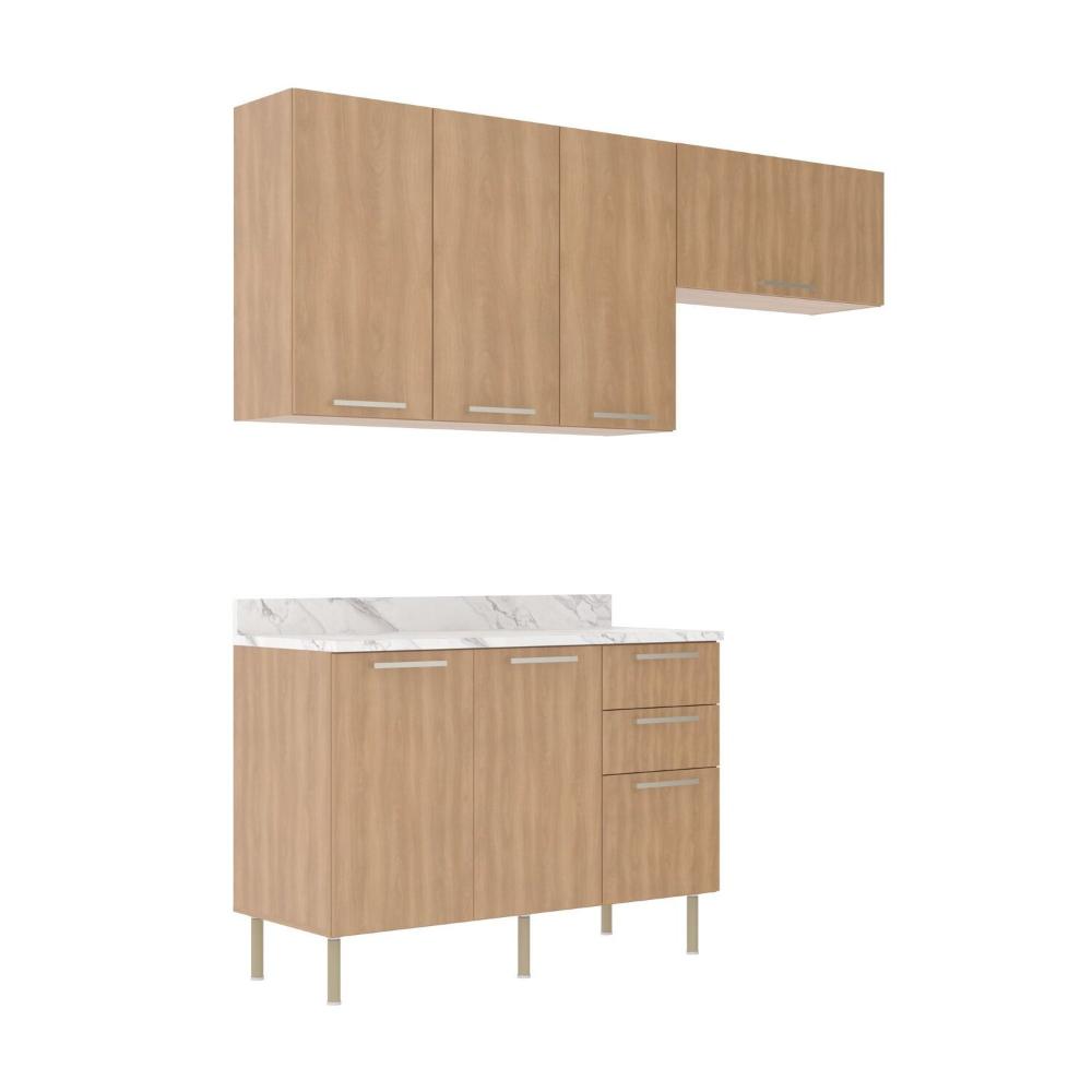 Miniatura Cozinha Compacta Dália 200cm 3 Peças, 6 Portas e 3 Gavetas com Divisor de Talheres e Tampo Cz1102 Freijó/Branco