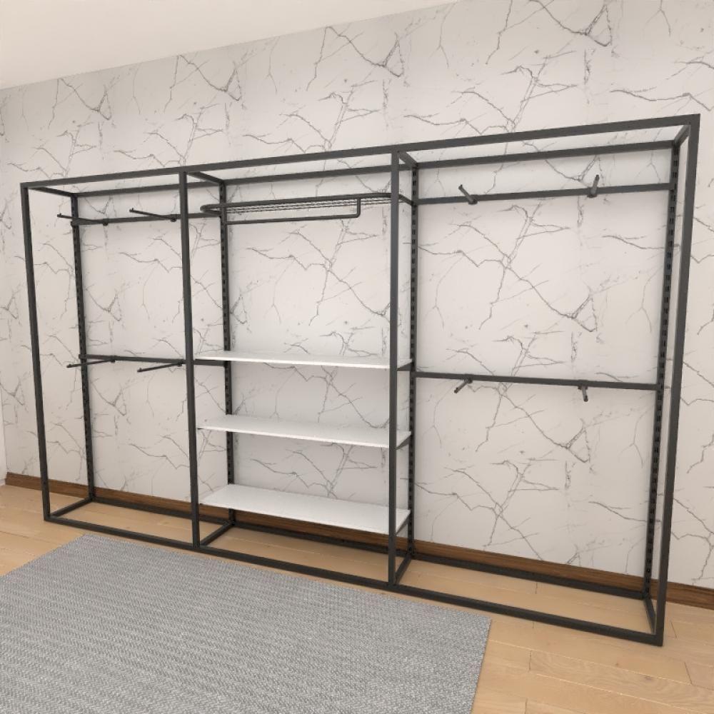 Miniatura Closet Araras, Guarda Roupas Aberto Industrial Com 25 Peças Preto E Branco Fdprb217