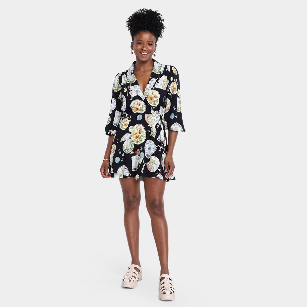 Miniatura Vestido Farm Curto Manga Souvenir Feminino Preto - G