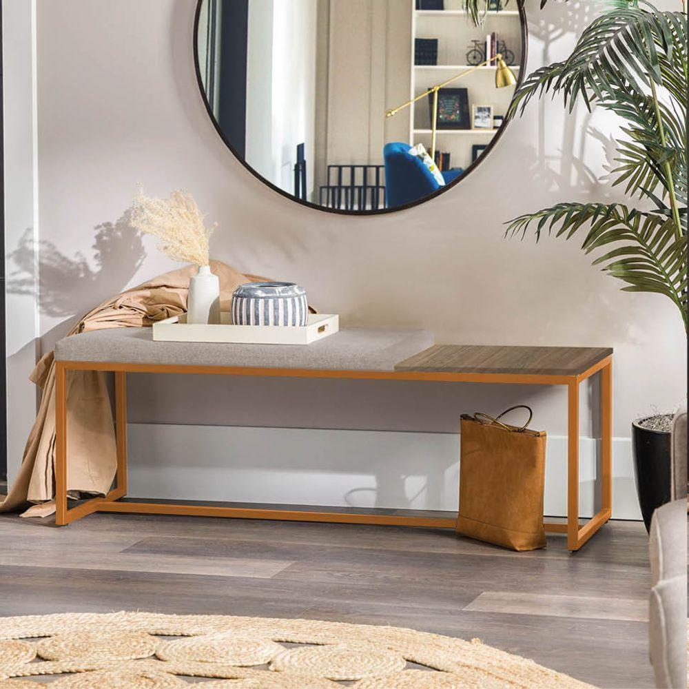 Miniatura Banco Recamier Puff 140cm Industrial Bronze Corino Bege Tampo Quadrado Mdf Marmorizado