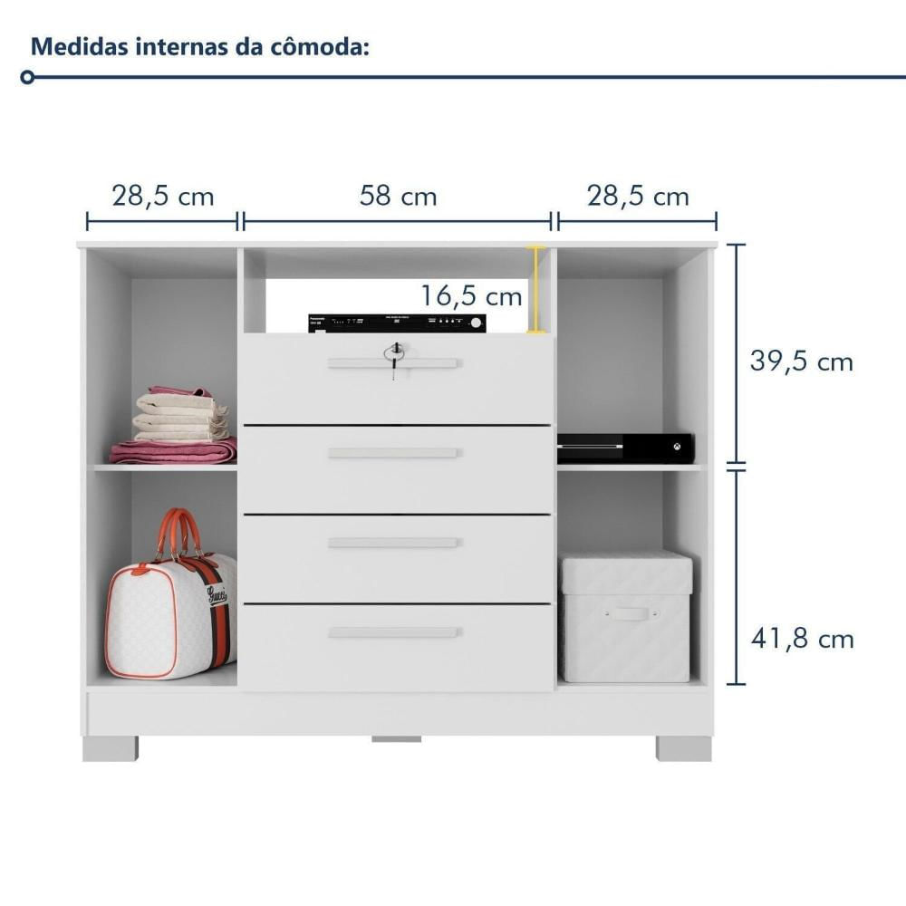 Cômoda Rack para Quarto 2 Portas e 4 Gavetas Branco