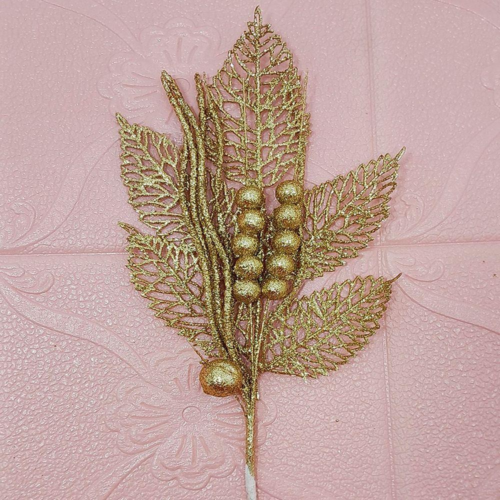 Miniatura Folhas Flores Enfeite Natal Gliter Dourado De 45cm Kit 10pçs