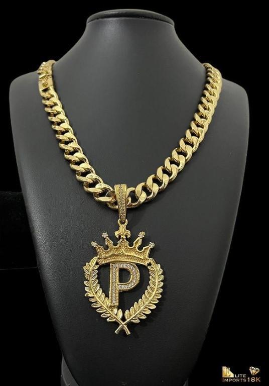 Miniatura Corrente Pitbull 13Mm + Pingente Letra King - Banhado A Ouro