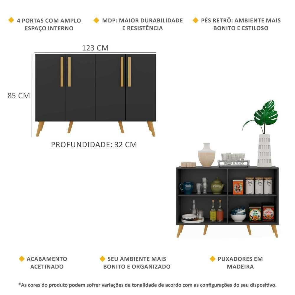 Miniatura Aparador Buffet 4 Portas Com Pés Retrô Viena Preto/natural