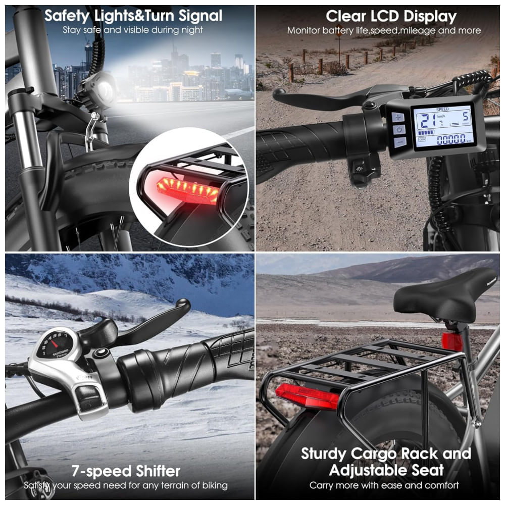 Miniatura Bicicleta Elétrica para Adultos: Peak 1000W Ebike, 25MPH 60 Miles com Roda Gorda de 26'', Bateria de 48V 13AH, Suspensão Dianteira, Sinalizador de Cur