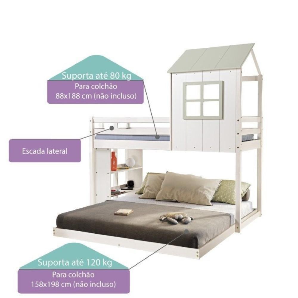 Miniatura Beliche Queen Montessoriano Cabana Family com Estante Casatema Branco/Verde