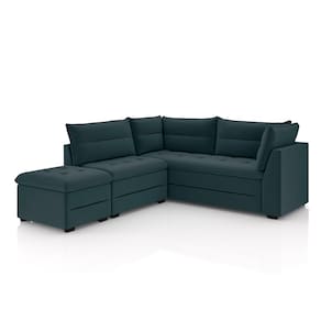 Miniatura Sofá Modular de Canto 4 Lugares Luizzi Quebec com Pufe e Revestimento em Suede – 408cm de Largura Azul Petróleo