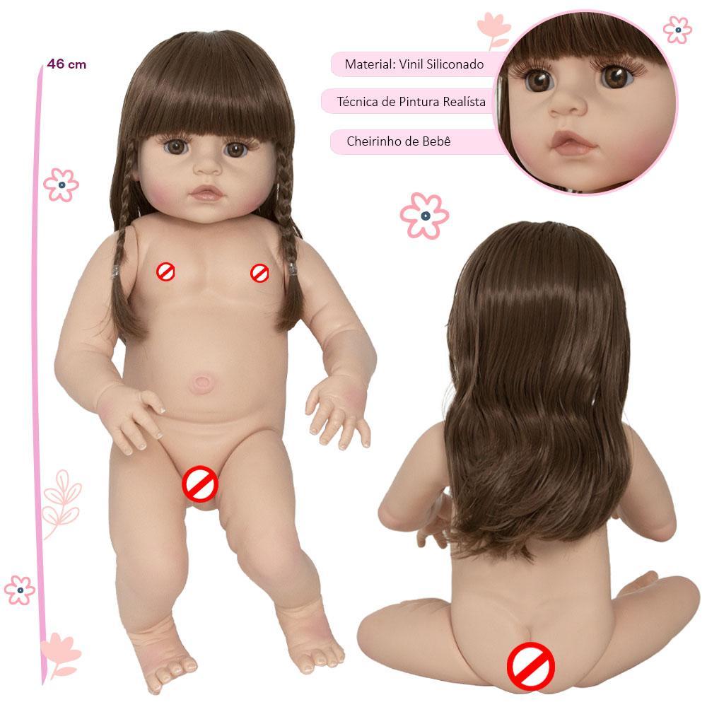 Boneca Reborn Realista Cabelo Castanho Enxoval Bolsa Itens