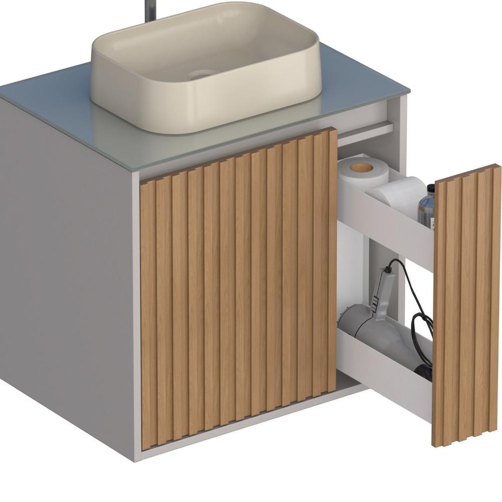 Gabinete para Banheiro Ripado com Tampo de Vidro Nude/Jequitiba