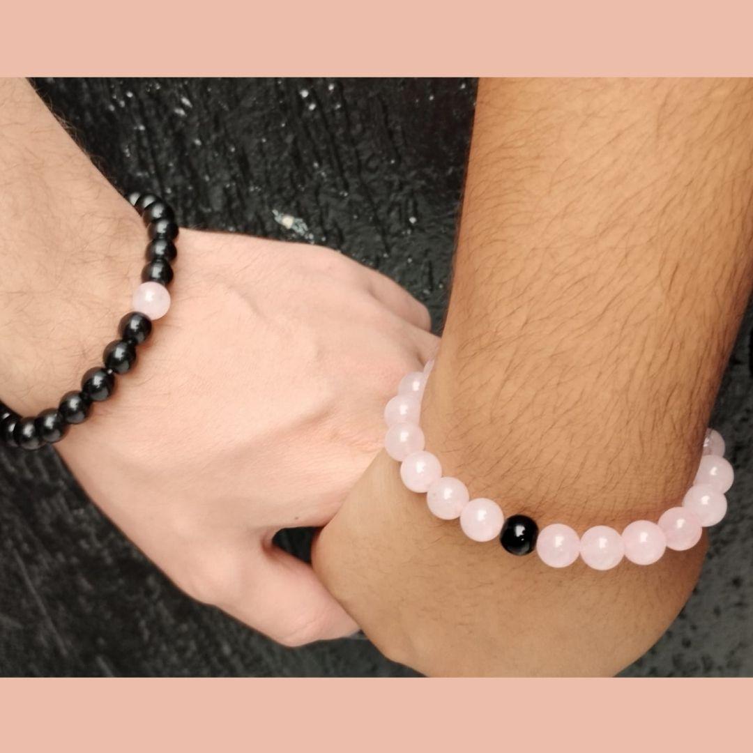 Miniatura Pulseira Quartzo Rosa E Preto Par Casal Kit 2 Un Combo