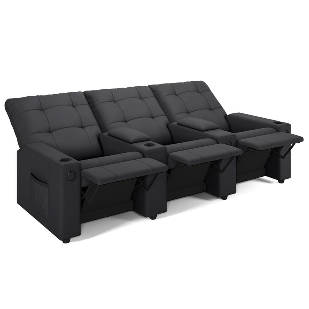 Poltrona De Cinema Reclinável 3 Lugares Baú Usb Mallie Fh9 Veludo Cinza - Mpozenato