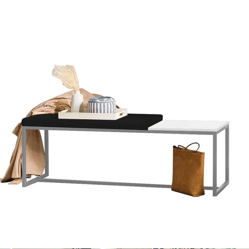 Miniatura Banco Recamier Puff 140cm Industrial Prata Suede Preto Tampo Quadrado Mdf Branco