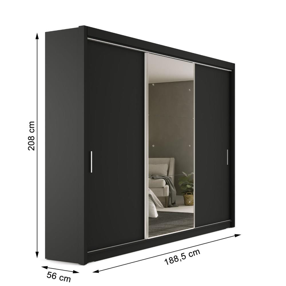 Miniatura Guarda Roupa Casal Espelhado 3 Portas 1 Porta Espelho 4 Gavetas 188,5cm Viena Yescasa Preto