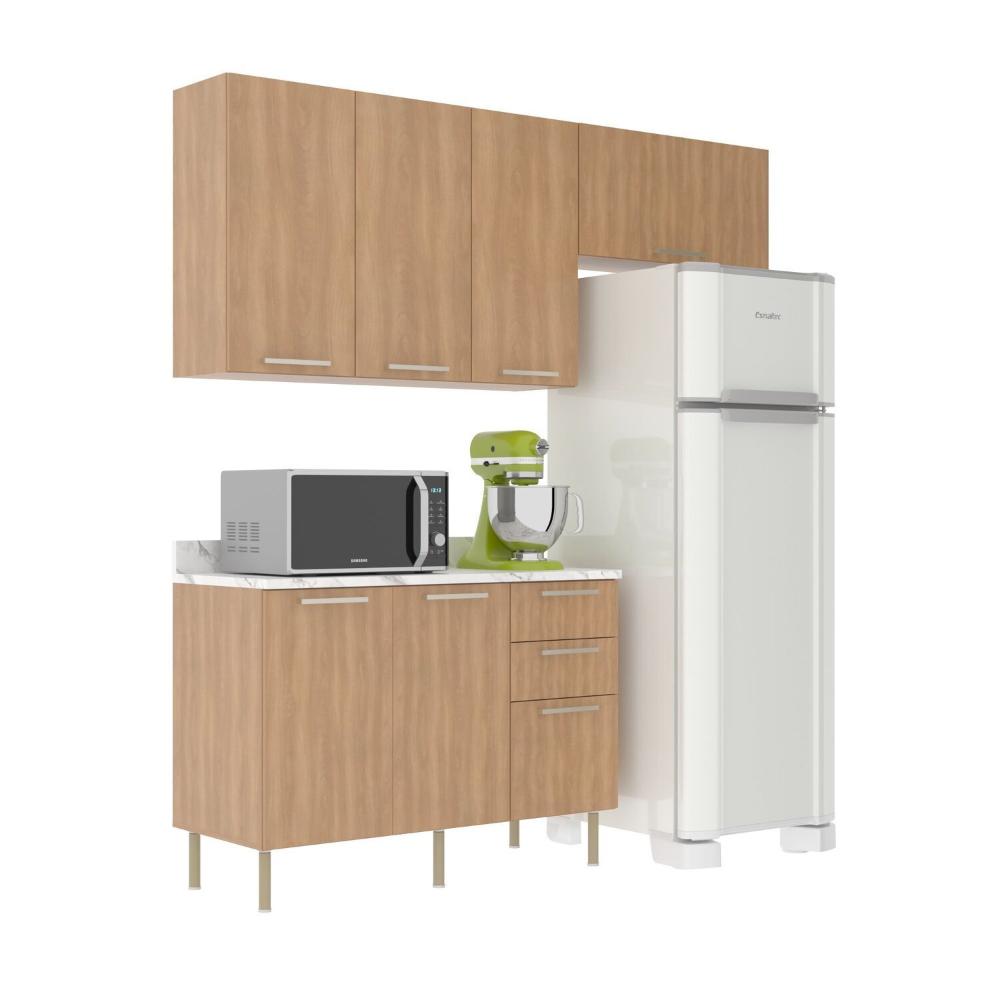 Miniatura Cozinha Compacta Dália 200cm 3 Peças, 6 Portas e 3 Gavetas com Divisor de Talheres e Tampo Cz1102 Freijó/Branco