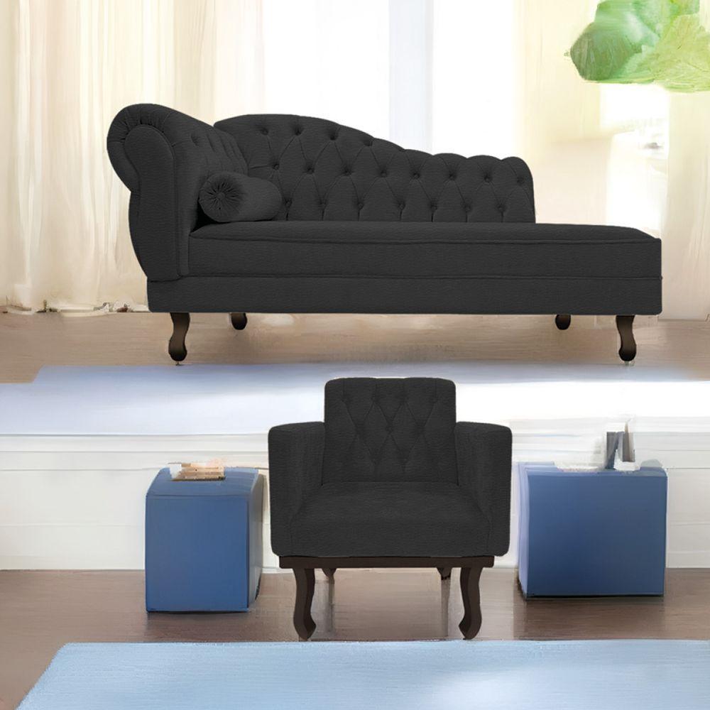 Kit Diva Recamier Diana 120cm Lado Direito E 01 Poltrona Classic Corano Adj Decor Preto
