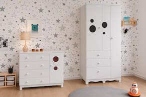 Miniatura Guarda-Roupa Infantil Peroba Móveis Duda com 3 Portas, 3 Gavetas + Cômoda Duda Plus com 4 Gavetas Branco