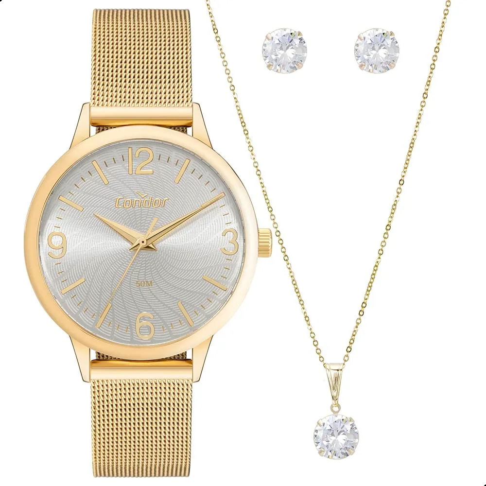 Relógio de Pulso Feminino Condor Dourado CO2035NDK/K4K Colar e Brincos