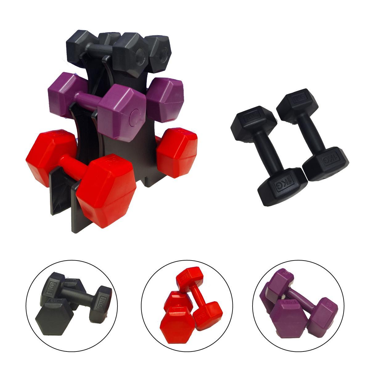 Miniatura Kit Halteres Plástico 1Kg A 3Kg Suporte Musculação Academia