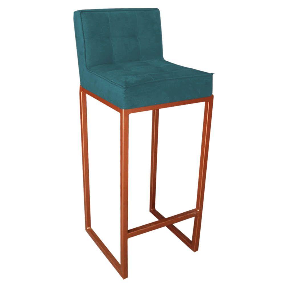 Miniatura Banqueta Alta Linne Com Encosto Cozinha Bar Balcão Bistrô Ferro Bronze Suede Azul Turquesa