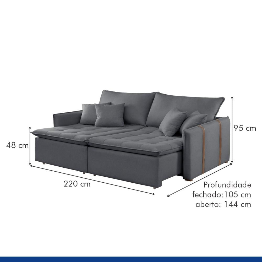 Miniatura Sofa Cama Retratil e Reclinavel 220cm Detroid Yescasa Cinza