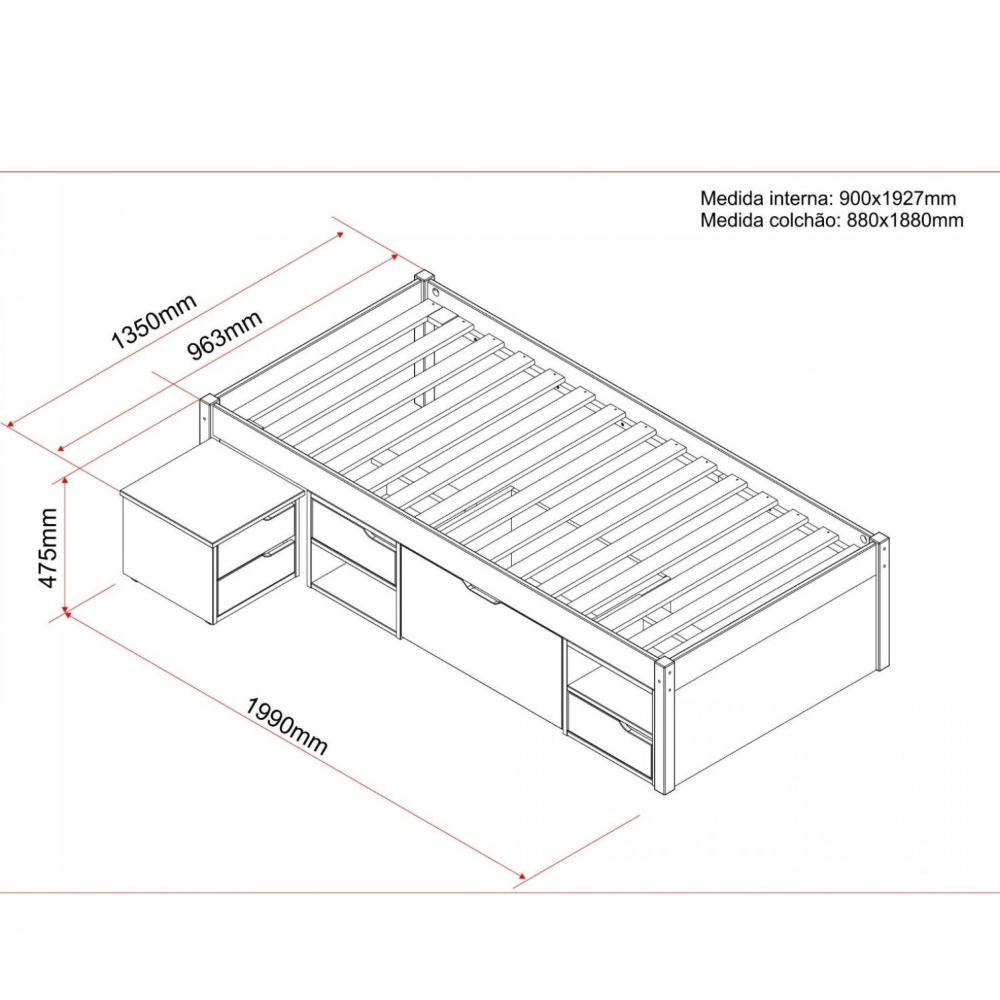 Miniatura Cama Solteiro com 3 Gavetas e 1 Mesa de Cabeceira Charme Inter Link Branco Lavado