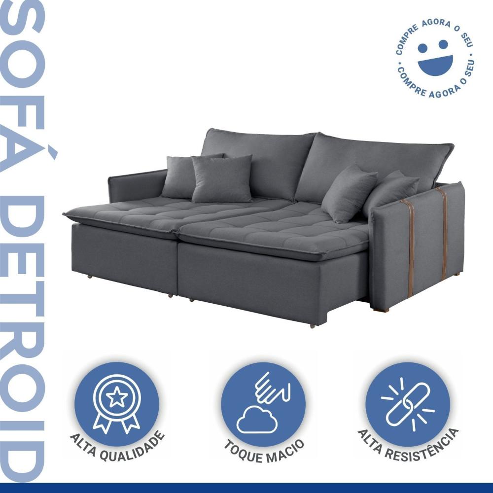 Sofa Cama Retratil e Reclinavel 220cm Detroid Yescasa Cinza