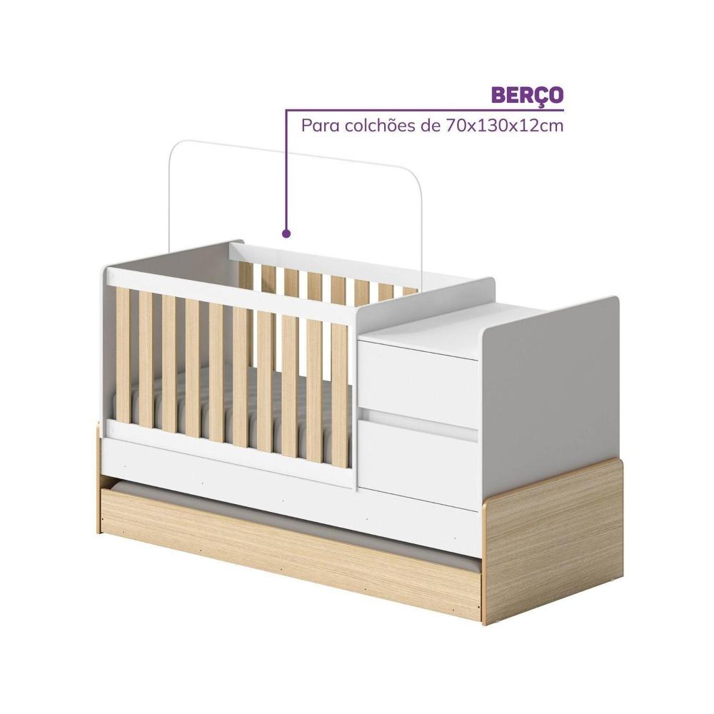 Berço Cama Multifuncional Auri com 2 Gavetas e Cama Auxiliar Casatema Carvalho Mel/Branco