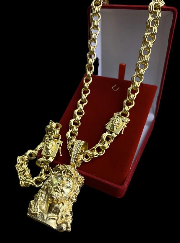 Miniatura Corrente Friso + Pulseira 12Mm + Pingente Jesus Cristo Fecho