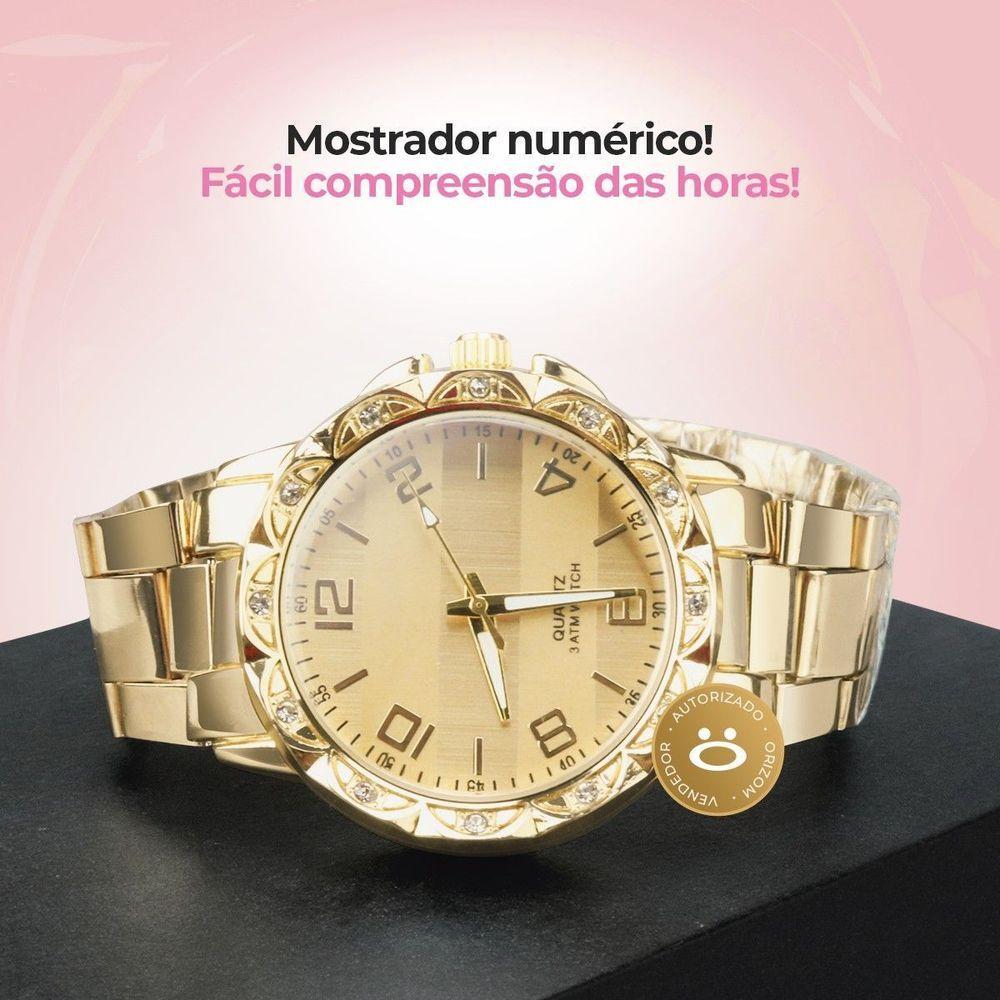 Miniatura Relogio Feminino Prova Dagua Banhado + Relogio Aço Strass Qualidade Premium Redondo Resistente Kit