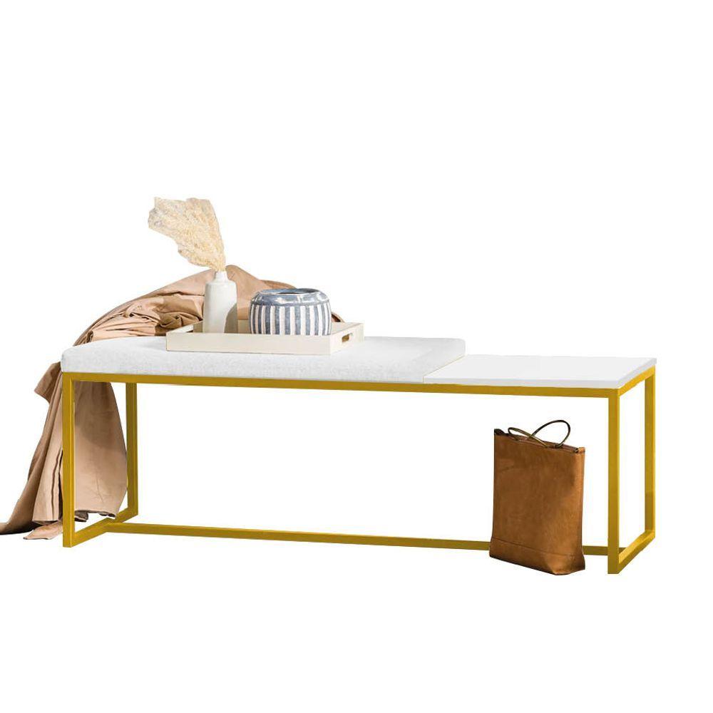 Miniatura Banco Recamier Puff 160cm Industrial Dourado Sintético Branco Tampo Quadrado Mdf Branco