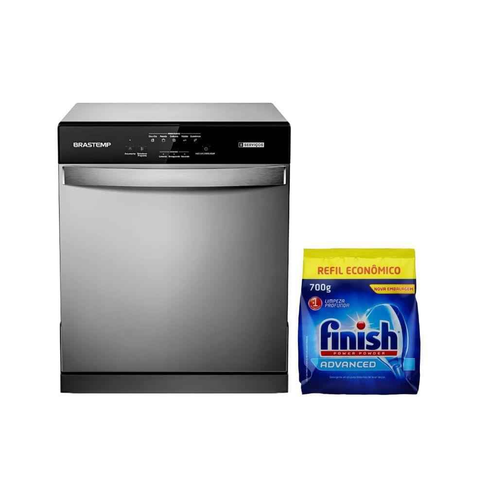 Miniatura Kit Lava-Louças Brastemp 8S Cinza BLF08BS e Detergente Pó Finish 700g 127V