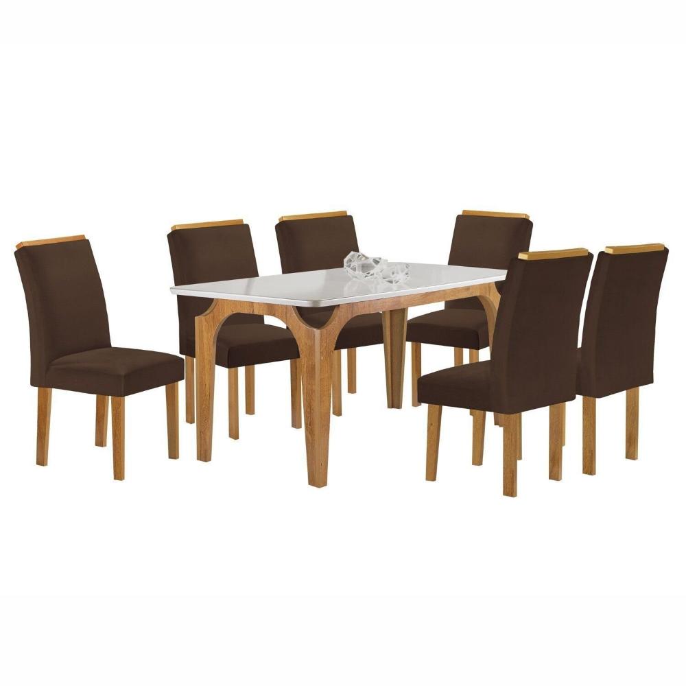 Conjunto Mesa Melina 170cmx90cm com 6 Cadeiras Luisa Tampo Smart Plus com Vidro Cinamomo/Off White/Marrom
