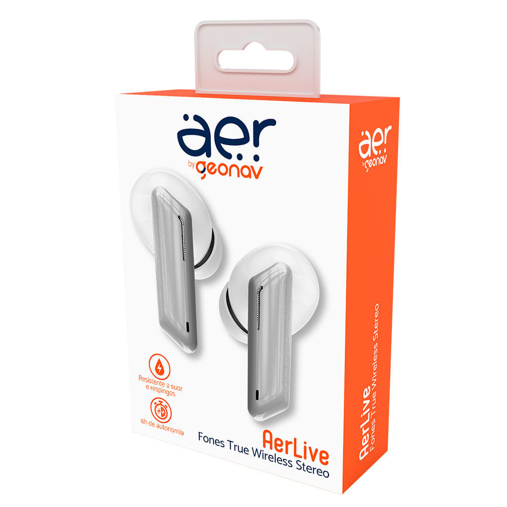 Miniatura Fone de Ouvido sem Fio Geonav TWS AerLive Intra-auricular com Bluetooth Branco e Cinza - AER12