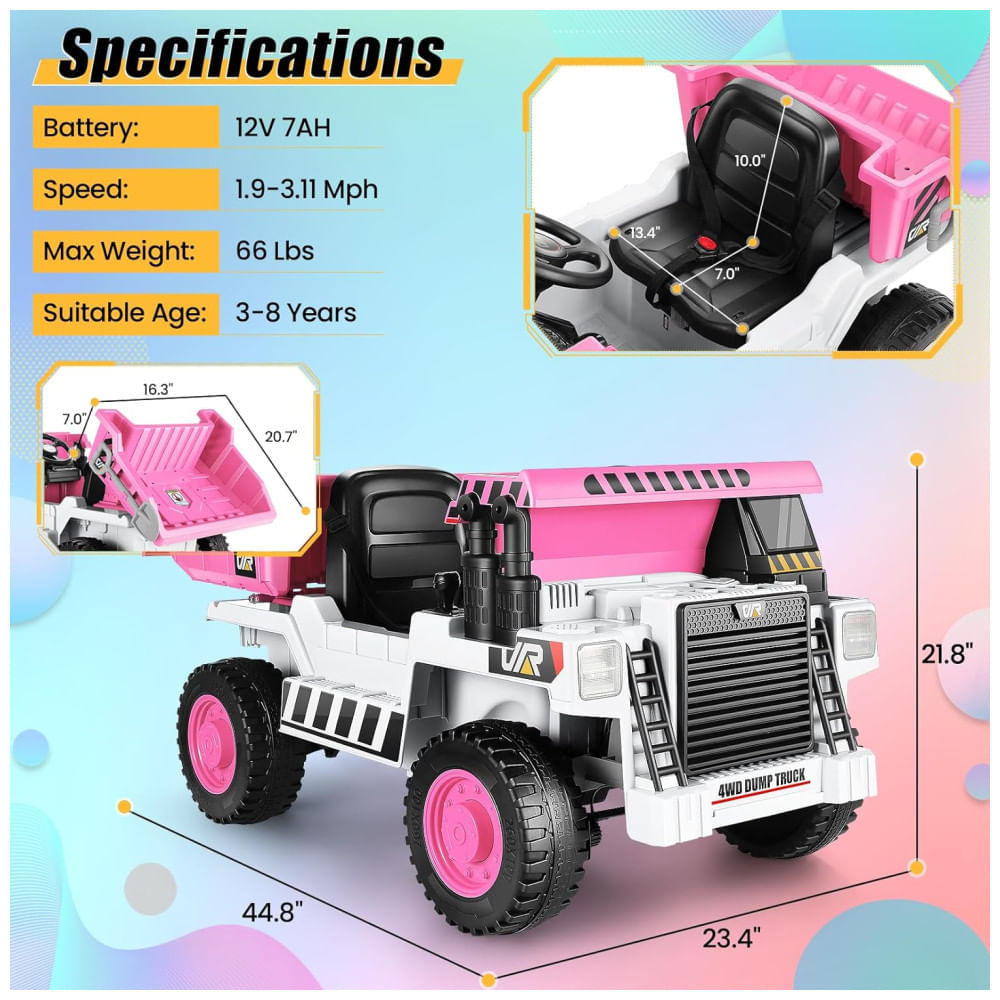 Miniatura Caminhão Basculante Infantil com Controle Remoto, Caçamba Elétrica, Pá, Luz LED e Música via Bluetooth, 12V, Hikole, Branco e Rosa 110v