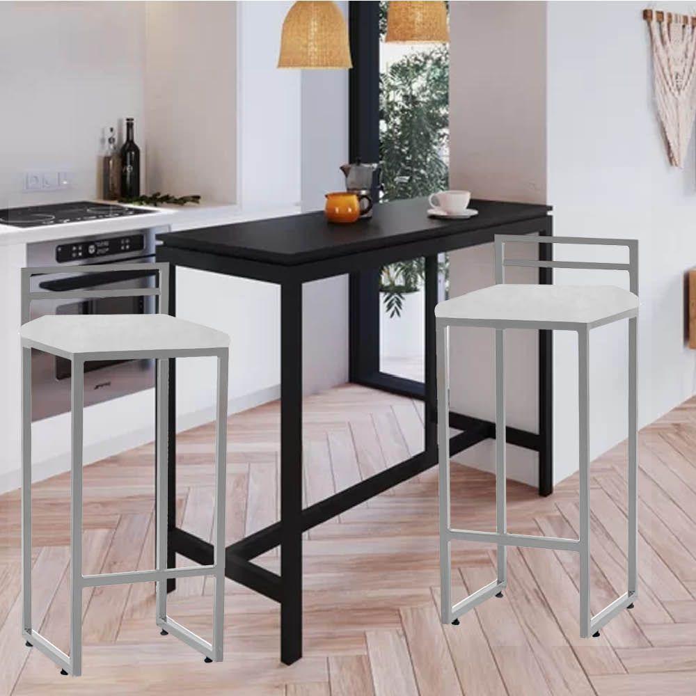 Miniatura Banqueta Alta Com Encosto Petra Balcão Bar Cozinha Bistrô Ferro Cinza Sintético Branco