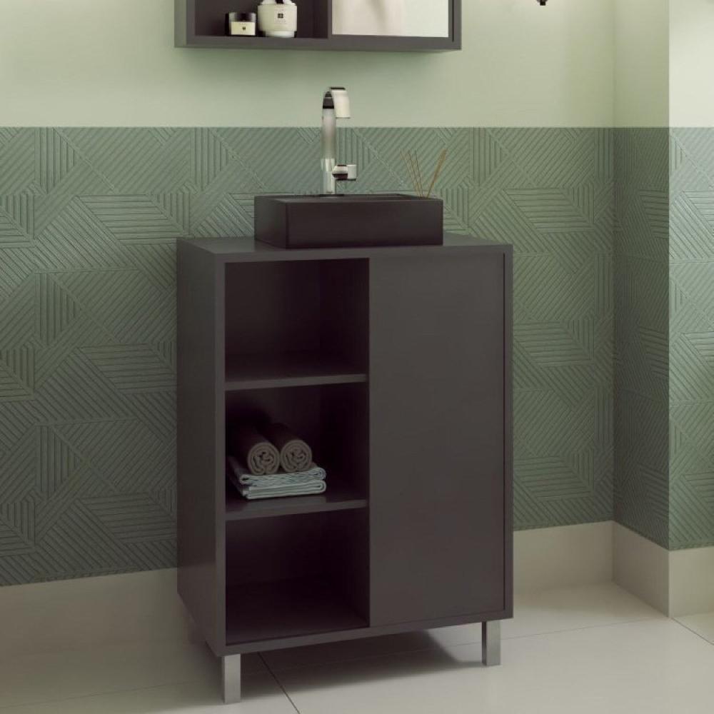 Miniatura Gabinete de Banheiro 60cm Julia com Balcão 1 Porta Correr e Espelheira sem Cuba Grafite