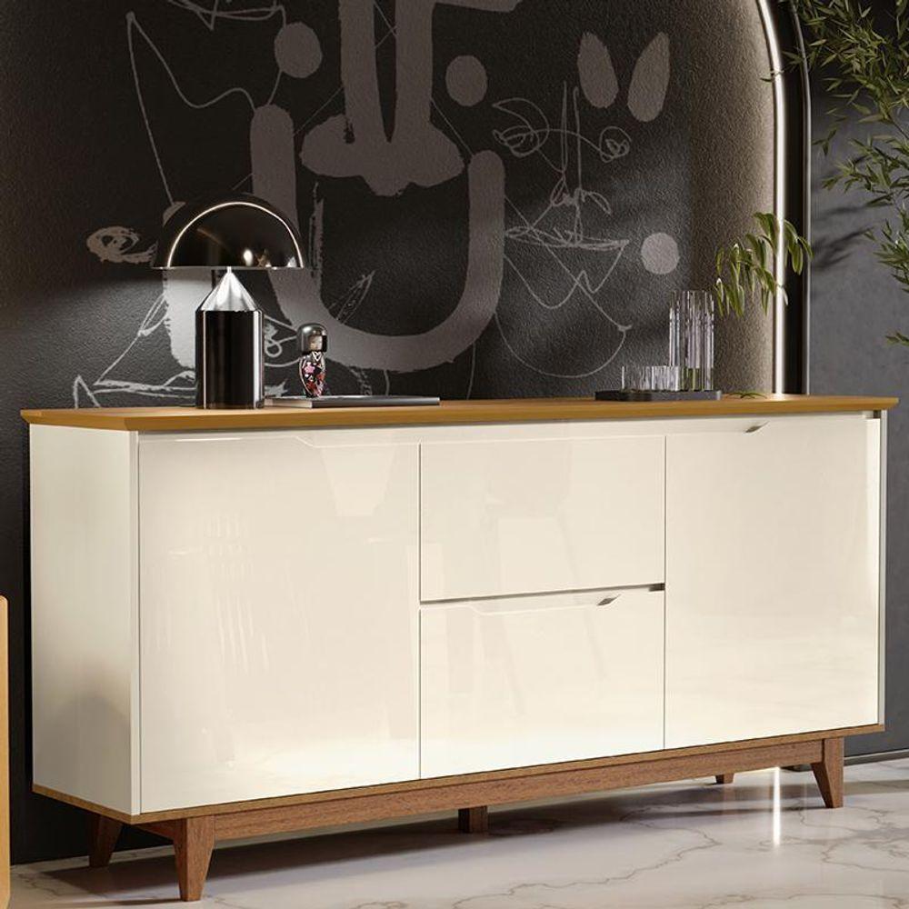 Miniatura Aparador Buffet Flow 2 Portas 2 Gavetas Pés Madeira Maciça Off White/freijo Off White/freijo