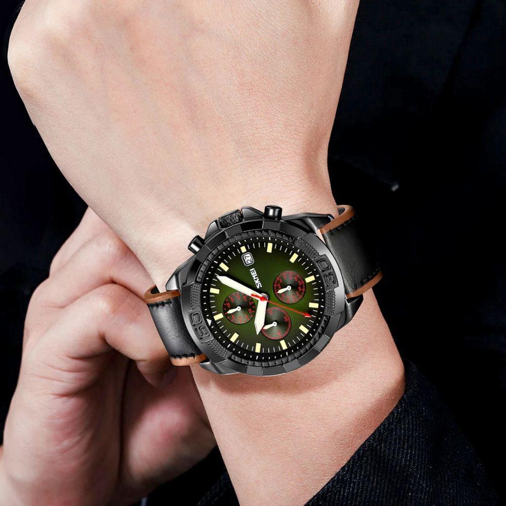 Miniatura Relógio De Quartzo Masculino Pulseira De Couro Genuíno Multifuncional 3atm Impermeável Verde