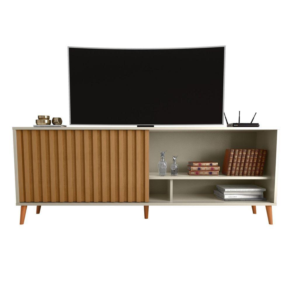 Miniatura Rack Bacada Sala Para Tv Até 50 Polegadas Com Porta Ripada Luara 160x60cm Off White / Ipê