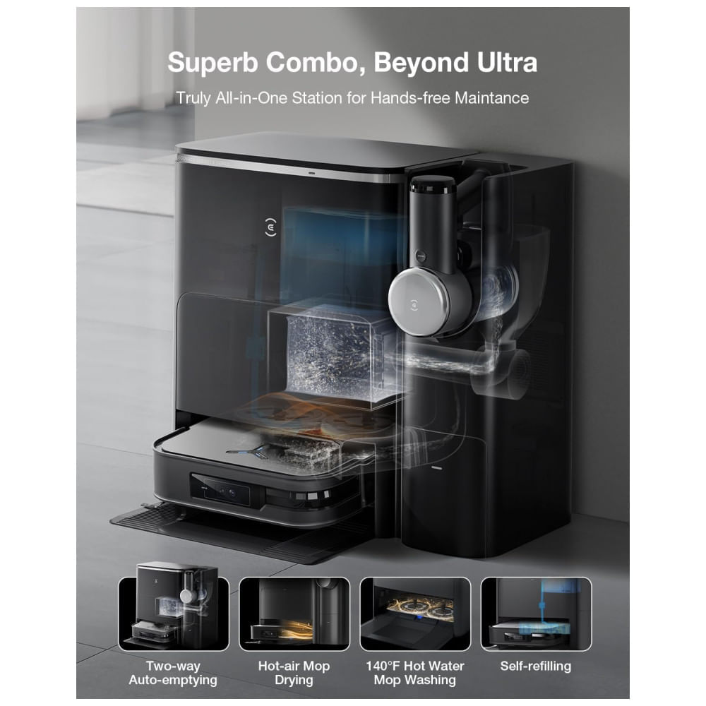 Miniatura Aspirador Robô com Sucção Forte de 8000Pa, Água Quente e Esvaziamento Automático, 110V, ECOVACS X2 OMNI Combo, Preto