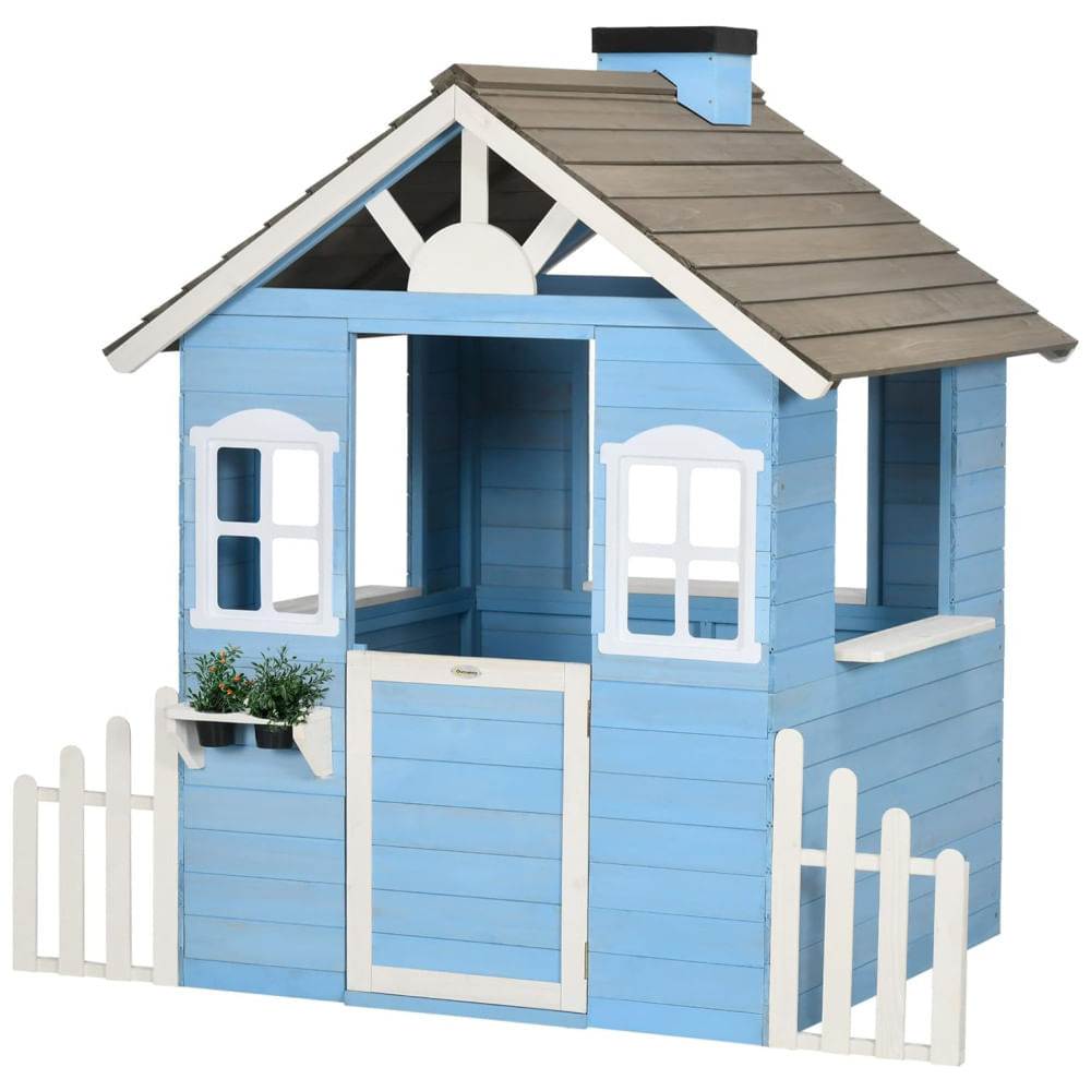 Miniatura Casinha Infantil de Madeira para Área Externa Estilo Country com Porta, Janelas, Posto de Serviço e Vasos de Flores para Crianças de 3 a 7 Anos, 110v