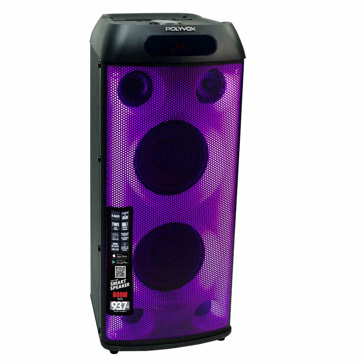 Miniatura Caixa Som Amplificada Bluetooth Full LED Torre 800W TWS Polyvox