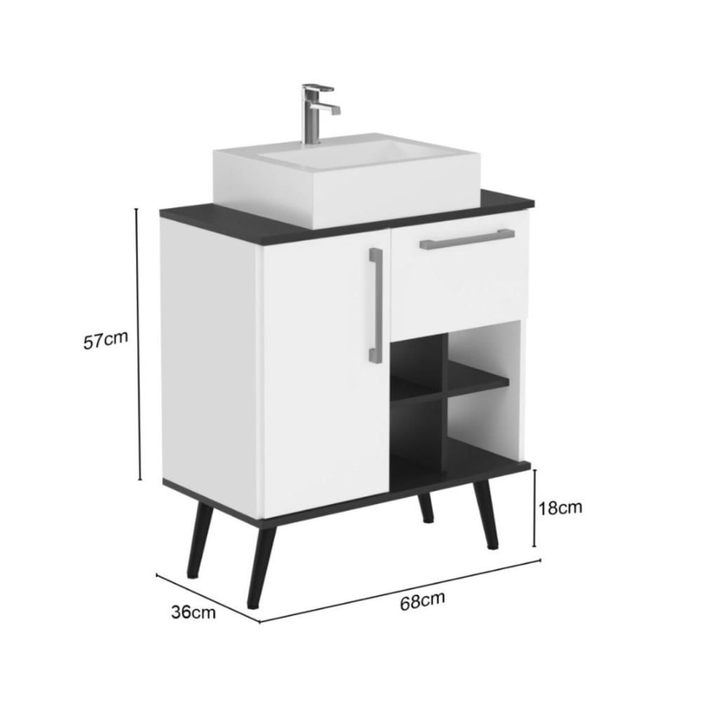 Conjunto de Banheiro Gabinete com Pés com Cuba e Espelheira Veneza Branco/Preto