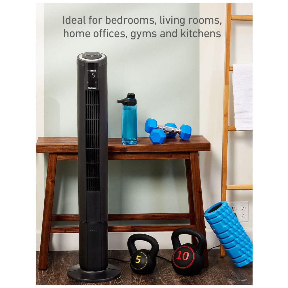 Miniatura Ventilador de Torre com 5 Velocidades, 4 Modos, Timer de 8H e Controle Remoto, 110V, HOLMES, Preto