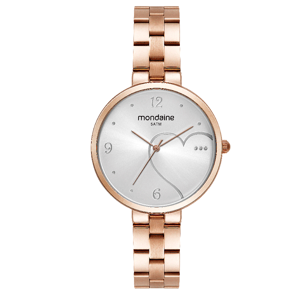 Miniatura Relógio Feminino Romântico Coração Cristais Prateado com Rosê