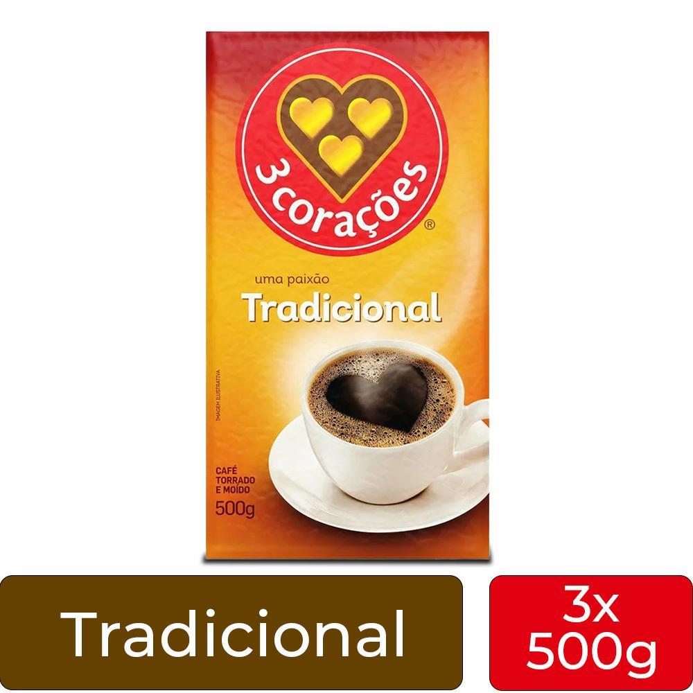 Miniatura Café 3 Corações Tradicional A Vácuo Kit 3 Pacotes De 500G