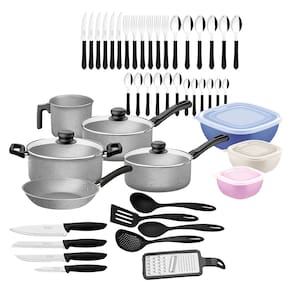 Miniatura Kit de Cozinha 47 Peças Tramontina com Panelas Antiaderentes em Alumínio, Talheres, Facas e Utensílios Domésticos