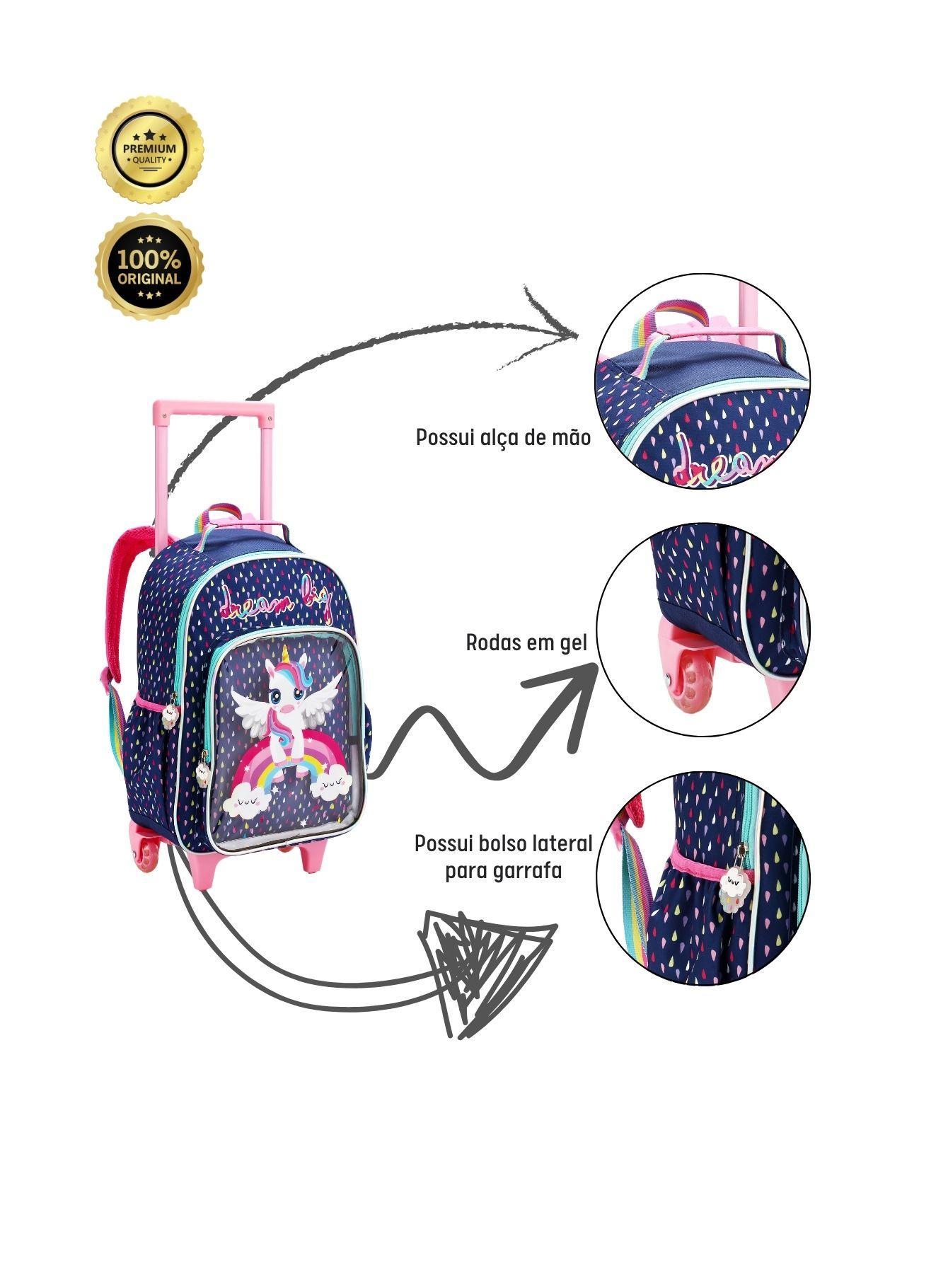 Kit Escolar Mochila Rodas+Lancheira+Estojo Unicórnio - Azul